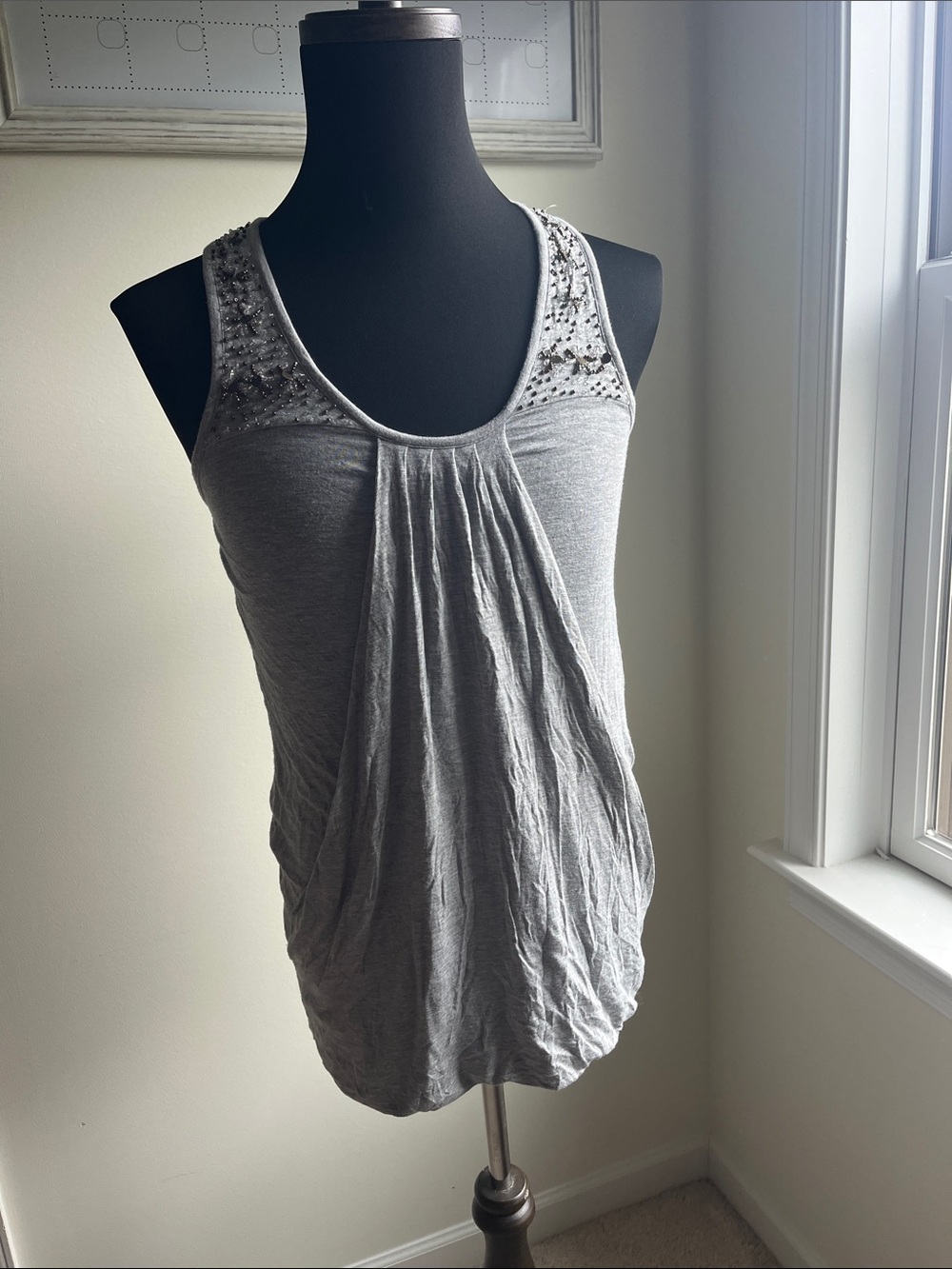 Women's Gray Sequin Shoulder Tank Top - Scoop Neck